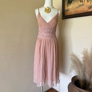 Blush Pink Spaghetti Strap Silk Midi Dress with Crochet Waist
